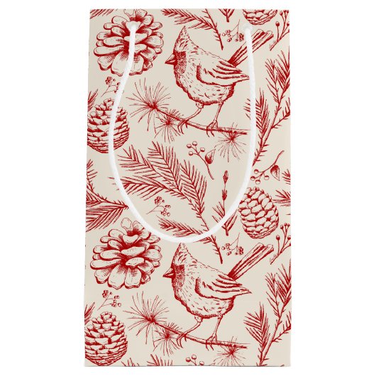 赤エレガント（鳥）ショウジョウコウカンチョウの鳥、松と冬の果実 スモールペーパーバッグ (正面)