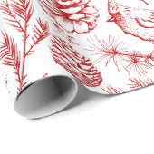 赤エレガント(鳥)ショウジョウコウカンチョウの鳥、松と冬の果実 ラッピングペーパー (ロールコーナー)