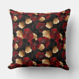 赤エレガント、黒、および金ゴールドフローラ大理石パターン クッション