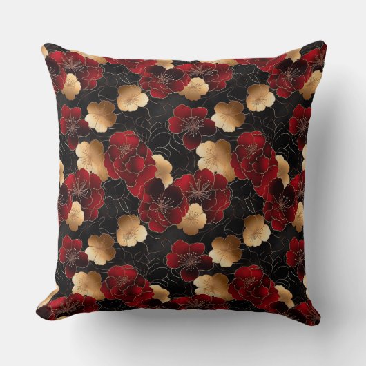 赤エレガント、黒、および金ゴールドフローラ大理石パターン クッション (正面)