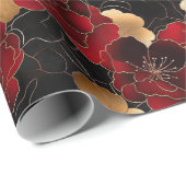 赤エレガント、黒、および金ゴールドフローラ大理石パターン ラッピングペーパー (ロールコーナー)