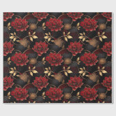 赤エレガント、黒、および金ゴールドフローラ大理石パターン ラッピングペーパー (フラット)