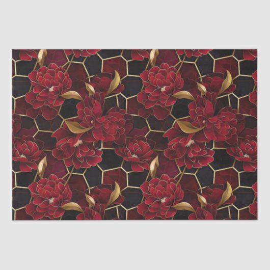 赤エレガント、黒、および金ゴールドフローラ大理石パターン 薄葉紙 (正面)