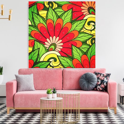 赤オエレガントレンジグリーンの花と渦巻き キャンバスプリント (インサイチュ (リビング))