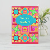 赤オカラフルレンジピンクパッチワークキルトブロックアート 招待状 (スタンド正面)