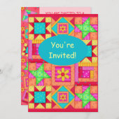 赤オカラフルレンジピンクパッチワークキルトブロックアート 招待状 (正面/裏面)