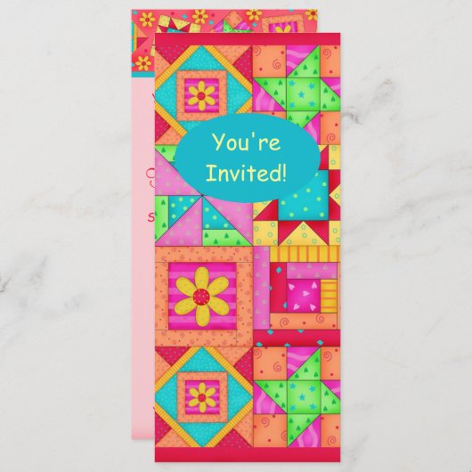 赤オカラフルレンジピンクパッチワークキルトブロックアート 招待状 (正面/裏面)