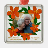 赤オモダンレンジ金ゴールドフローラ写真クリスマス メタルオーナメント (正面)