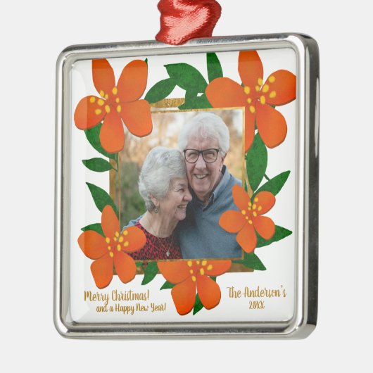 赤オモダンレンジ金ゴールドフローラ写真クリスマス メタルオーナメント (左)