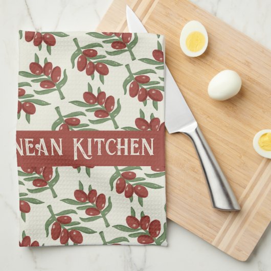 赤オリーブ柄イエローキッチンタオル キッチンタオル (四つ折り)