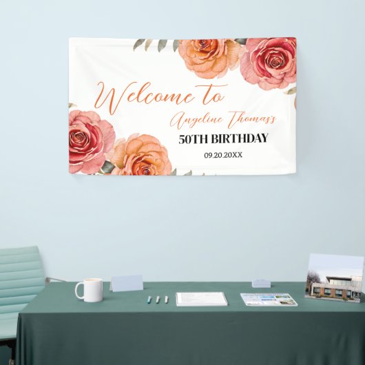 赤オレンかわいらしジバラフローラ歓迎誕生日 横断幕 (トレードショー)