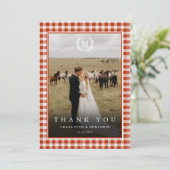 赤オレンジのギンガムチェックのモノグラムクレスト　2枚の写真 サンキューカード (スタンド正面)