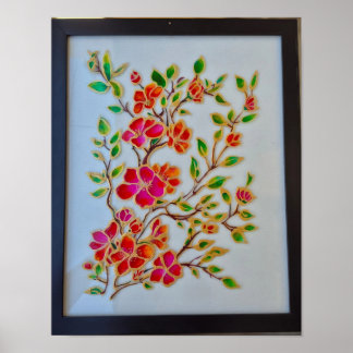 赤オレンジの花のガラス絵画ウォールアート ポスター