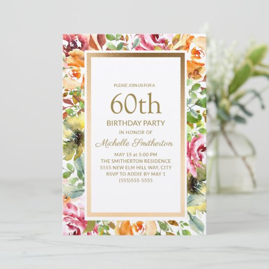 赤オレンジの花緑の葉ゴールド60歳の誕生日 招待状 (スタンド正面)