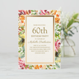 赤オレンジの花緑の葉ゴールド60歳の誕生日 招待状