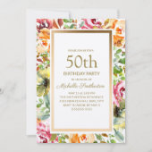 赤オレンジの花 緑の葉 ゴールドの50歳の誕生日 招待状 (正面)
