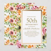 赤オレンジの花 緑の葉 ゴールドの50歳の誕生日 招待状 (正面/裏面)