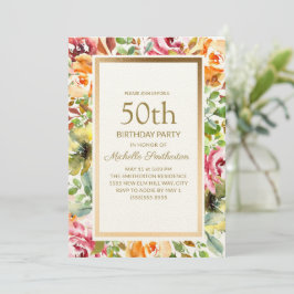 赤オレンジの花 緑の葉 ゴールドの50歳の誕生日 招待状