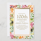 赤オレンジの花 緑の葉 ゴールド 100歳の誕生日 招待状 (正面)