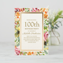 赤オレンジの花 緑の葉 ゴールド 100歳の誕生日 招待状