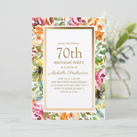 赤オレンジの花 緑の葉 ゴールド 70歳の誕生日  招待状 (スタンド正面)