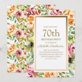 赤オレンジの花 緑の葉 ゴールド 70歳の誕生日  招待状 (正面/裏面)