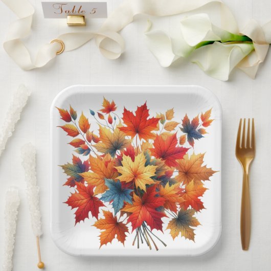 赤オレンジイエローティール（緑がかった色）紅葉 ペーパープレート (ウェディング)