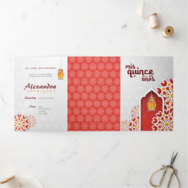 赤オレンジイエローフラワーアラビアンナイトキンセアニラ 三つ折り招待状