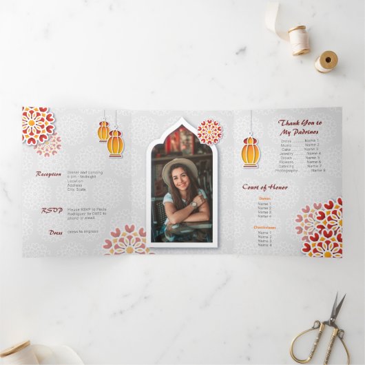 赤オレンジイエローフラワーアラビアンナイトキンセアニラ 三つ折り招待状 (内部)