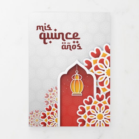 赤オレンジイエローフラワーアラビアンナイトキンセアニラ 三つ折り招待状 (カバー)