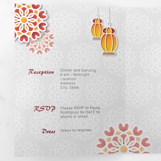 赤オレンジイエローフラワーアラビアンナイトキンセアニラ 三つ折り招待状 (内部最初)