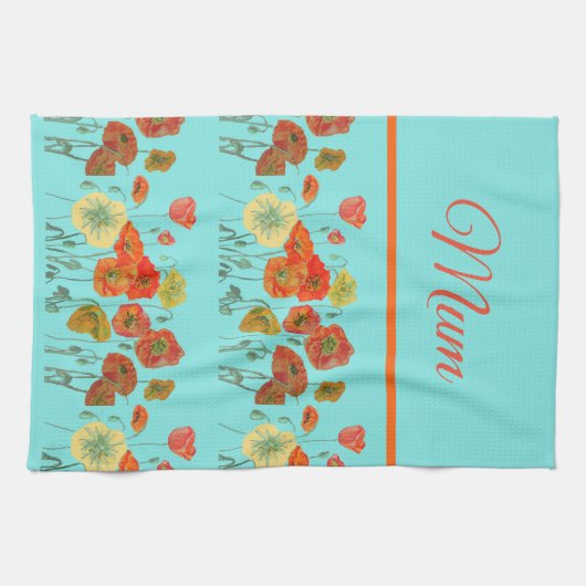 赤オレンジイエローポピー花フローラムームマザー キッチンタオル (横)