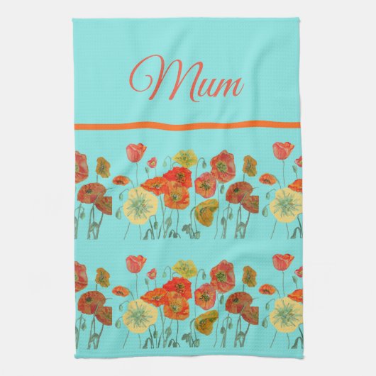 赤オレンジイエローポピー花フローラムームマザー キッチンタオル (縦)