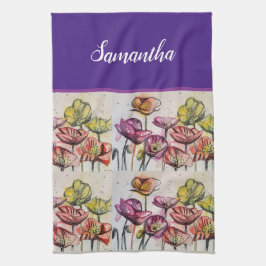 赤オレンジイエローポピー花ポピーフローラアート キッチンタオル