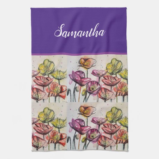 赤オレンジイエローポピー花ポピーフローラアート キッチンタオル (縦)