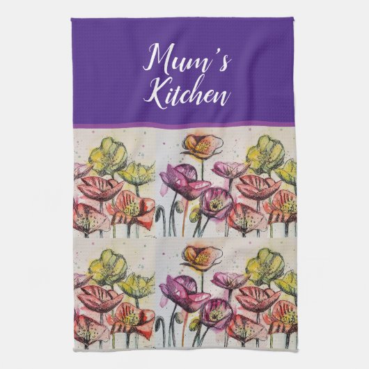 赤オレンジイエローポピー花ポピーフローラアート キッチンタオル (縦)