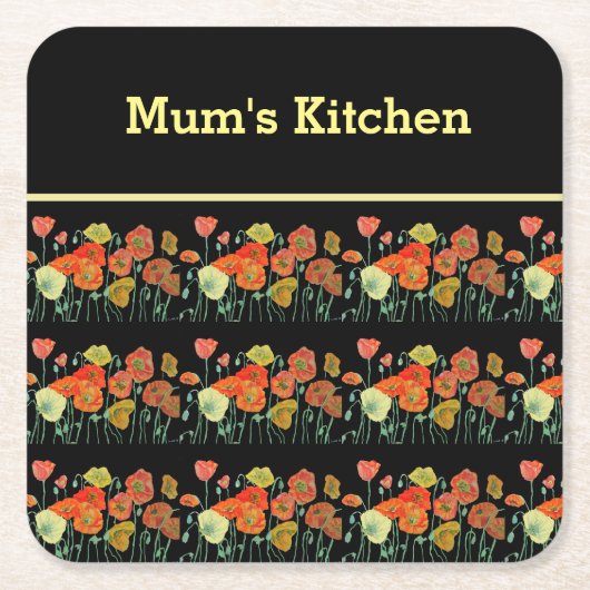 赤オレンジイエローポピー花ポピーフローラアート スクエアペーパーコースター (正面)
