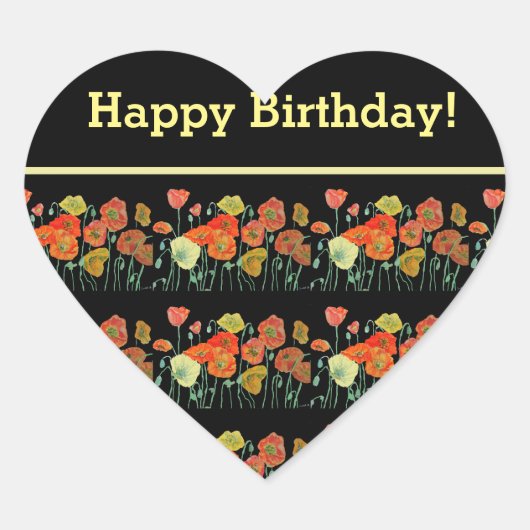 赤オレンジイエローポピー花ポピーフローラアート ハートシール (正面)