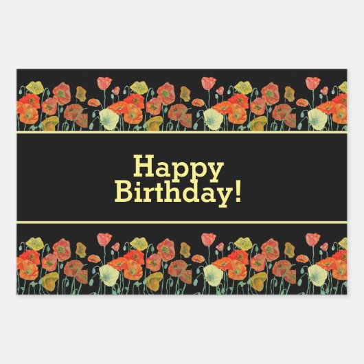 赤オレンジイエローポピー花ポピーフローラアート ラッピングペーパーシート (正面)