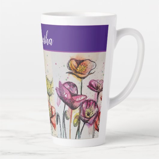 赤オレンジイエローポピー花ポピーフローラ カフェラテマグ (右)