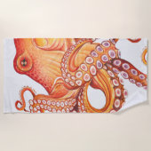 赤オレンジタコ水彩画 ビーチタオル (正面)