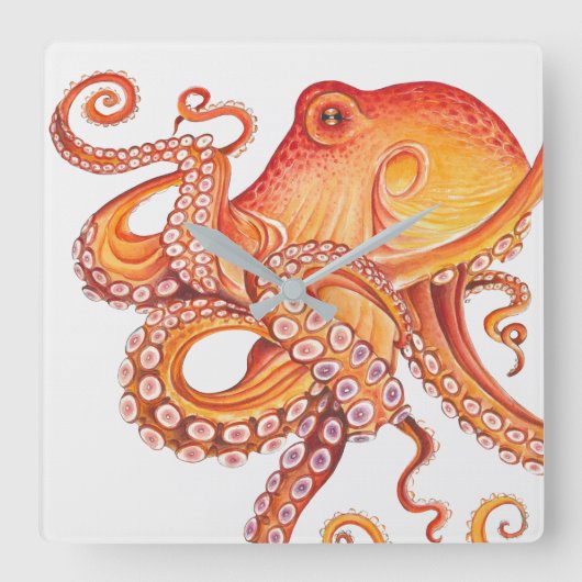 赤オレンジタコ水彩 スクエア壁時計 (正面)