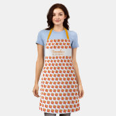 赤オレンジフラワーパターンフローラ名キッチン エプロン (着用した状態)