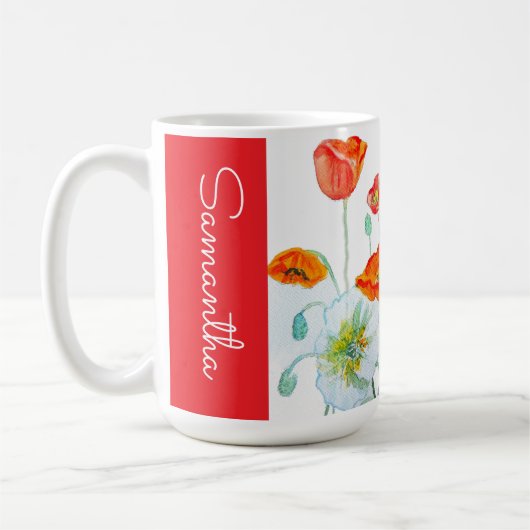 赤オレンジポピー花水彩女性の名前 コーヒーマグカップ (左)