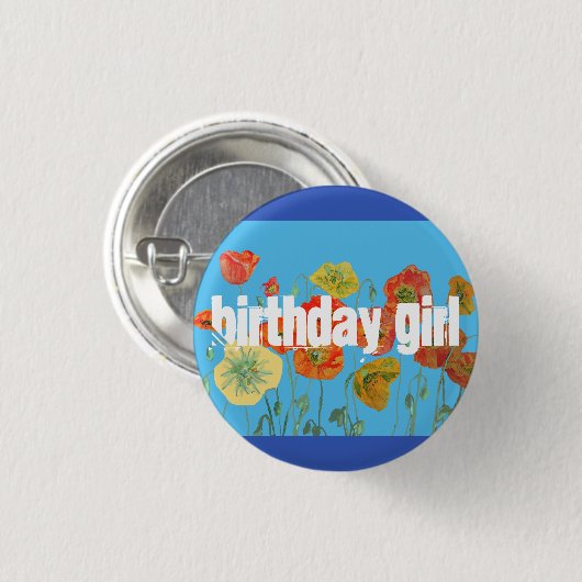 赤オレンジ色のポピー花のバースデーガールアートフラワー 缶バッジ (正面&裏面)