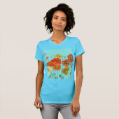 赤オレンジ色のポピー花 水彩 アクア アート 花 Tシャツ (正面フル)