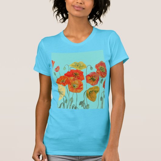 赤オレンジ色のポピー花 水彩 アクア アート 花 Tシャツ (正面)