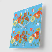 赤オレンジ色のポピー 水彩 パステル ブルー 時計 (傾斜)