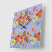 赤オレンジ色のポピー 水彩 パステル 紫の時計 スクエア壁時計 (傾斜)