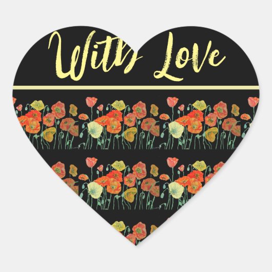 赤オレンジ色の黄色いケシのケシの芸術と愛 ハートシール (正面)
